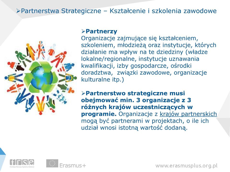ośrodki doradztwa, związki zawodowe, organizacje kulturalne itp.) Partnerstwo strategiczne musi obejmować min.