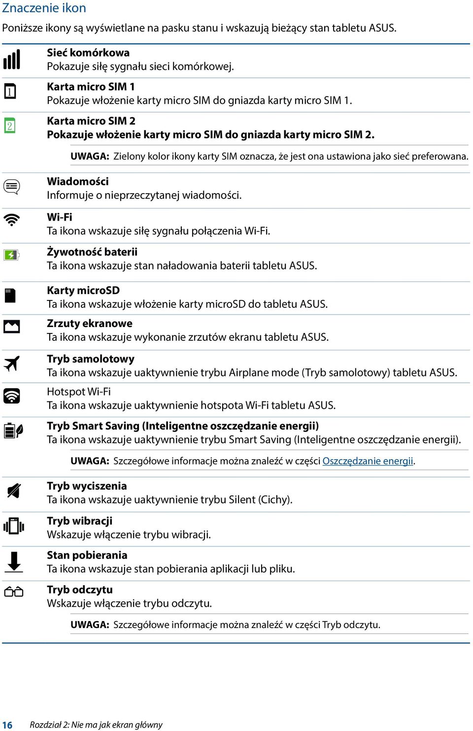 UWAGA: Zielony kolor ikony karty SIM oznacza, że jest ona ustawiona jako sieć preferowana. Wiadomości Informuje o nieprzeczytanej wiadomości. Wi-Fi Ta ikona wskazuje siłę sygnału połączenia Wi-Fi.