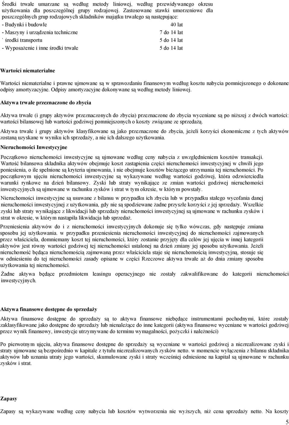 transportu 5 do 14 lat - WyposaŜenie i inne środki trwałe 5 do 14 lat Wartości niematerialne Wartości niematerialne i prawne ujmowane są w sprawozdaniu finansowym według kosztu nabycia pomniejszonego