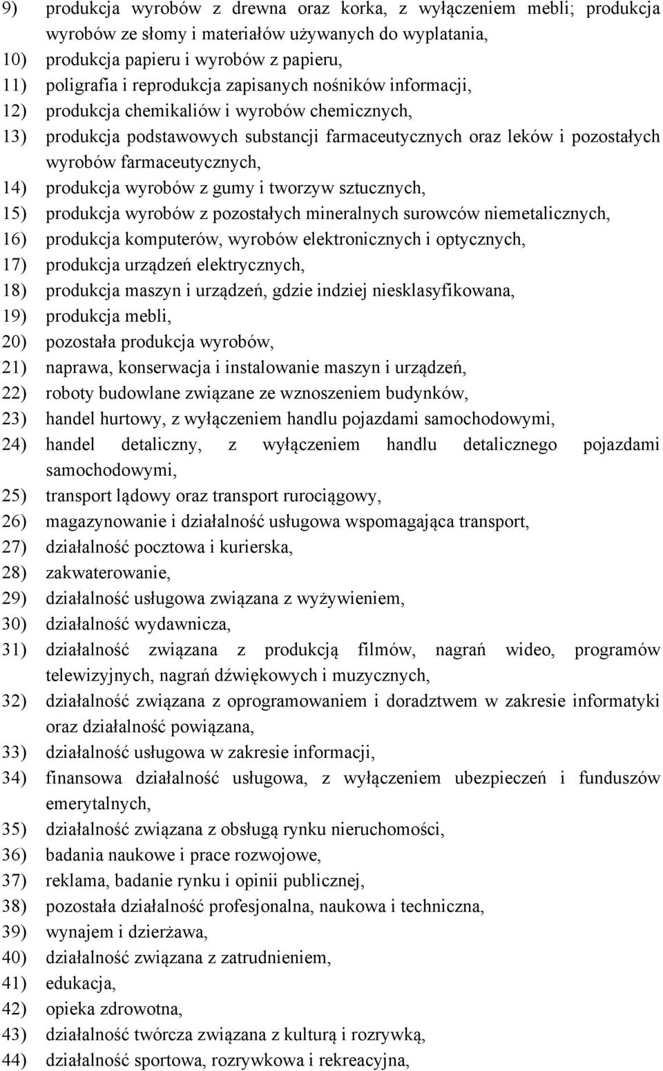 produkcja wyrobów z gumy i tworzyw sztucznych, 15) produkcja wyrobów z pozostałych mineralnych surowców niemetalicznych, 16) produkcja komputerów, wyrobów elektronicznych i optycznych, 17) produkcja