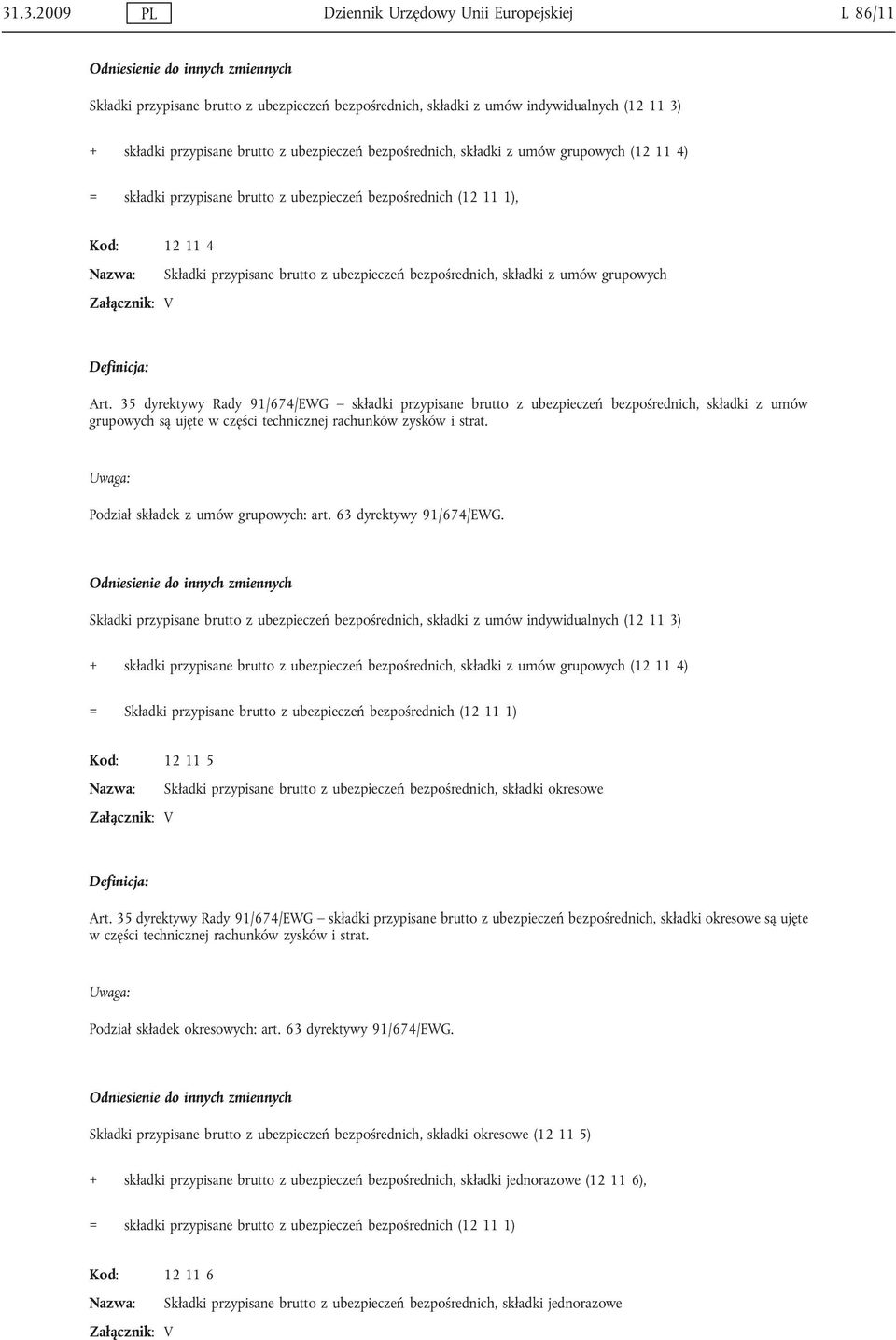 z umów grupowych Art. 35 dyrektywy Rady 91/674/EWG składki przypisane brutto z ubezpieczeń bezpośrednich, składki z umów grupowych są ujęte w części technicznej rachunków zysków i strat.