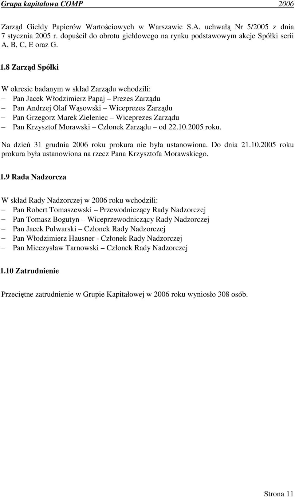 Pan Krzysztof Morawski Członek Zarządu od 22.10.2005 roku. Na dzień 31 grudnia 2006 roku prokura nie była ustanowiona. Do dnia 21.10.2005 roku prokura była ustanowiona na rzecz Pana Krzysztofa Morawskiego.