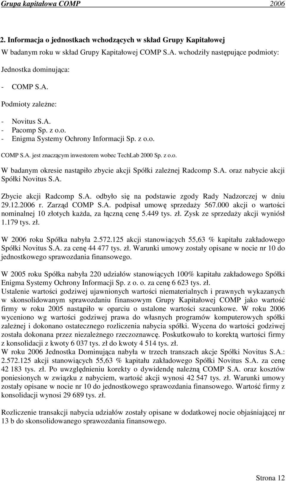 A. oraz nabycie akcji Spółki Novitus S.A. Zbycie akcji Radcomp S.A. odbyło się na podstawie zgody Rady Nadzorczej w dniu 29.12.2006 r. Zarząd COMP S.A. podpisał umowę sprzedaży 567.