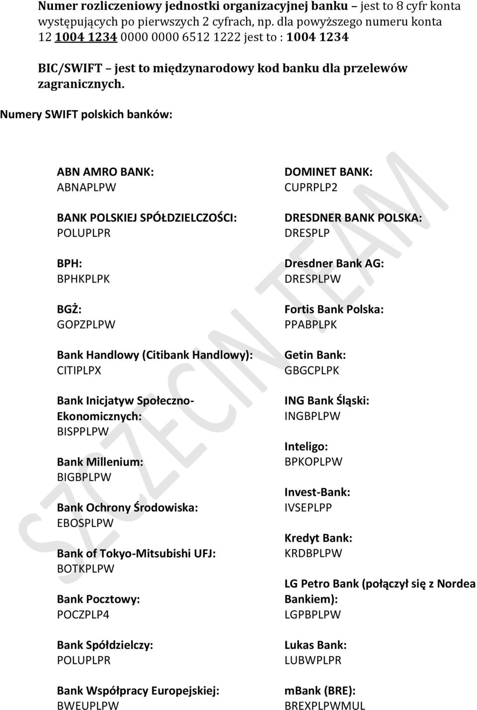 Numery SWIFT polskich banków: ABN AMRO BANK: ABNAPLPW BANK POLSKIEJ SPÓŁDZIELCZOŚCI: POLUPLPR BPH: BPHKPLPK BGŻ: GOPZPLPW Bank Handlowy (Citibank Handlowy): CITIPLPX Bank Inicjatyw Społeczno-