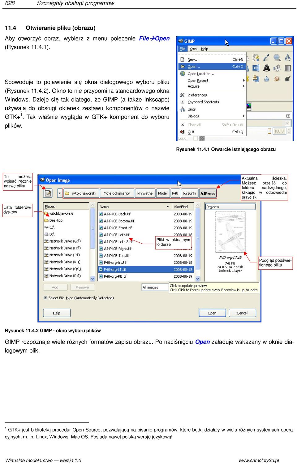 Dzieje się tak dlatego, że GIMP (a także Inkscape) używają do obsługi okienek zestawu komponentów o nazwie GTK+ 1. Tak właśnie wygląda w GTK+ komponent do wyboru plików. Rysunek 11.4.