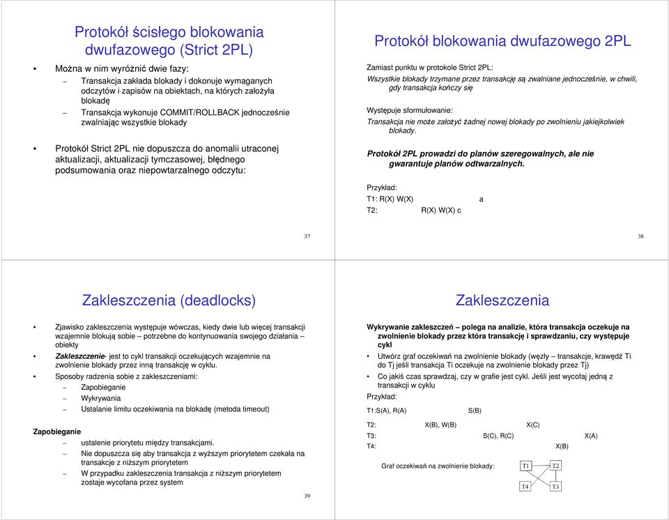 oraz niepowtarzalnego odczytu: Protokół blokowania dwufazowego 2PL Zamiast punktu w protokole Strict 2PL: Wszystkie blokady trzymane przez transakcję są zwalniane jednocześnie, w chwili, gdy