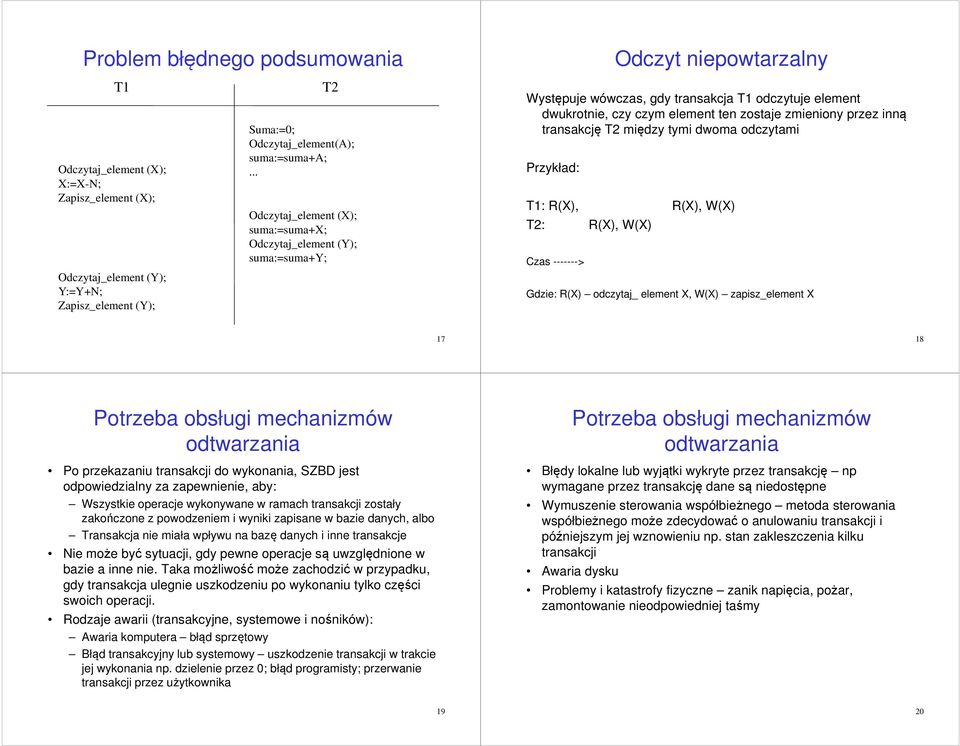 transakcję T2 między tymi dwoma odczytami Przykład: T1: R(X), R(X), W(X) T2: R(X), W(X) Czas -------> Gdzie: R(X) odczytaj_ element X, W(X) zapisz_element X 17 18 Potrzeba obsługi mechanizmów