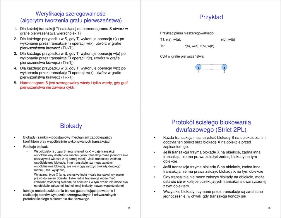 Dla każdego przypadku w S, gdy Tj wykonuje operację w(x) po wykonaniu przez transakcję Ti operacji r(x), utwórz w grafie pierwszeństwa krawędź (Ti->Tj) 4.