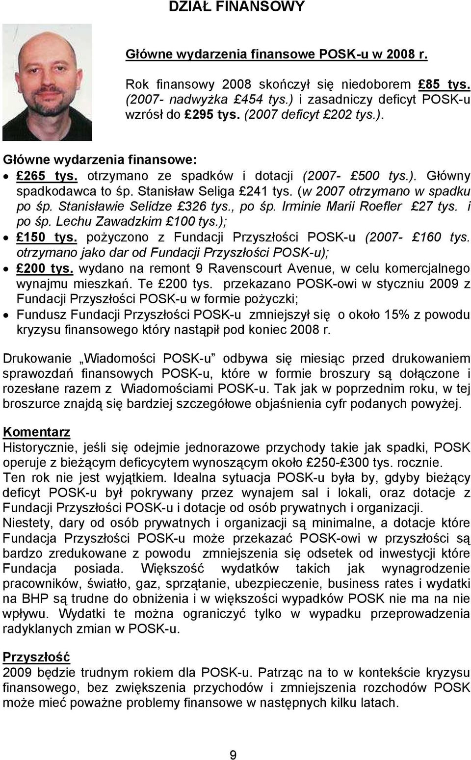 Stanisławie Selidze 326 tys., po p. Irminie Marii Roefler 27 tys. i po p. Lechu Zawadzkim 100 tys.); 150 tys. po yczono z Fundacji Przyszło ci POSK-u (2007-160 tys.