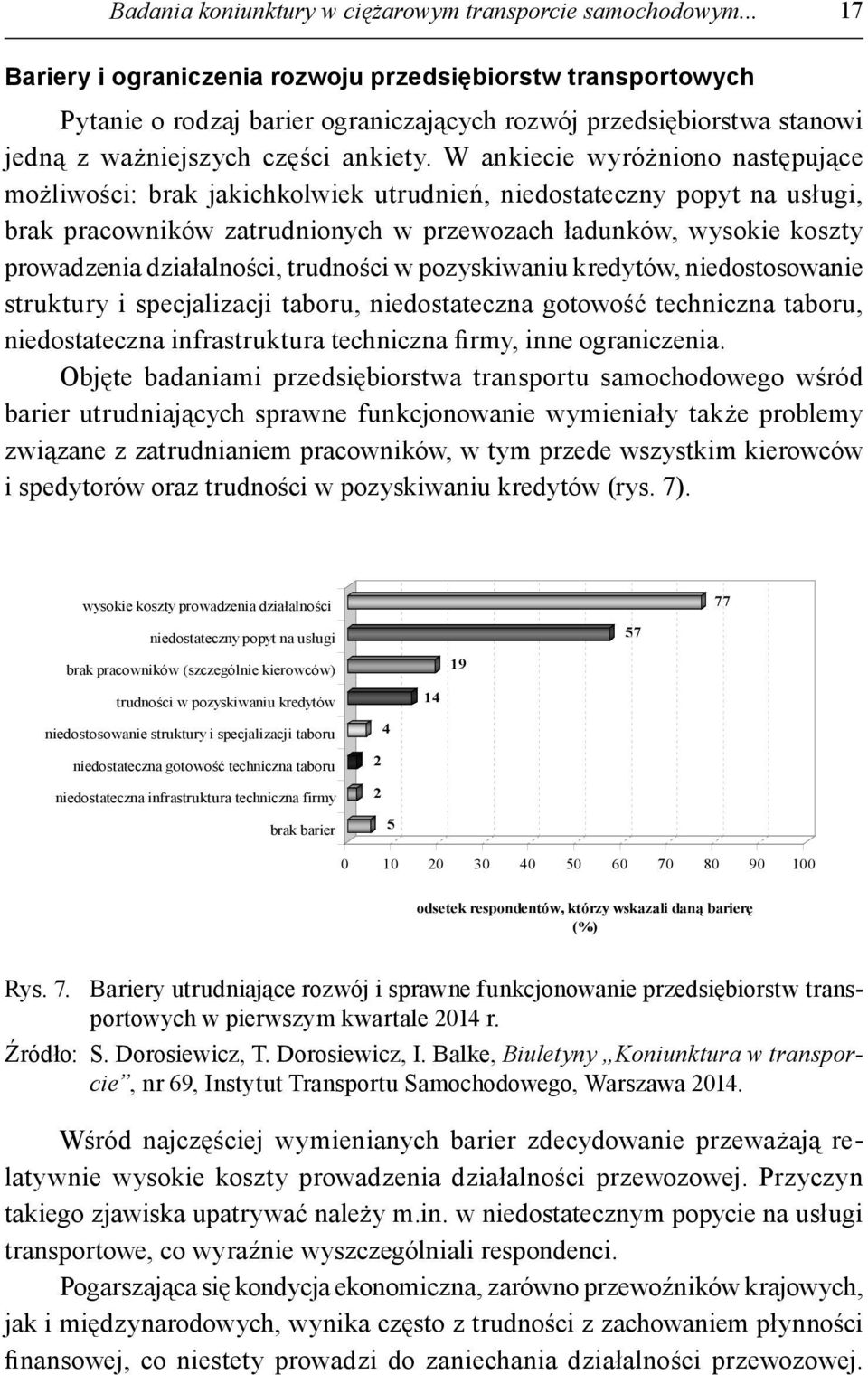 W ankiecie wyróżniono następujące możliwości: brak jakichkolwiek utrudnień, niedostateczny popyt na usługi, brak pracowników zatrudnionych w przewozach ładunków, wysokie koszty prowadzenia