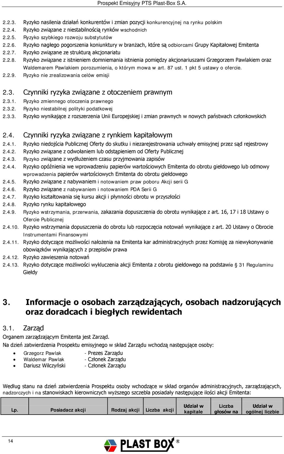 Ryzyko związane z istnieniem domniemania istnienia pomiędzy akcjonariuszami Grzegorzem Pawlakiem oraz Waldemarem Pawlakiem porozumienia, o którym mowa w art. 87 ust. 1 pkt 5 ustawy o ofercie. 2.2.9.