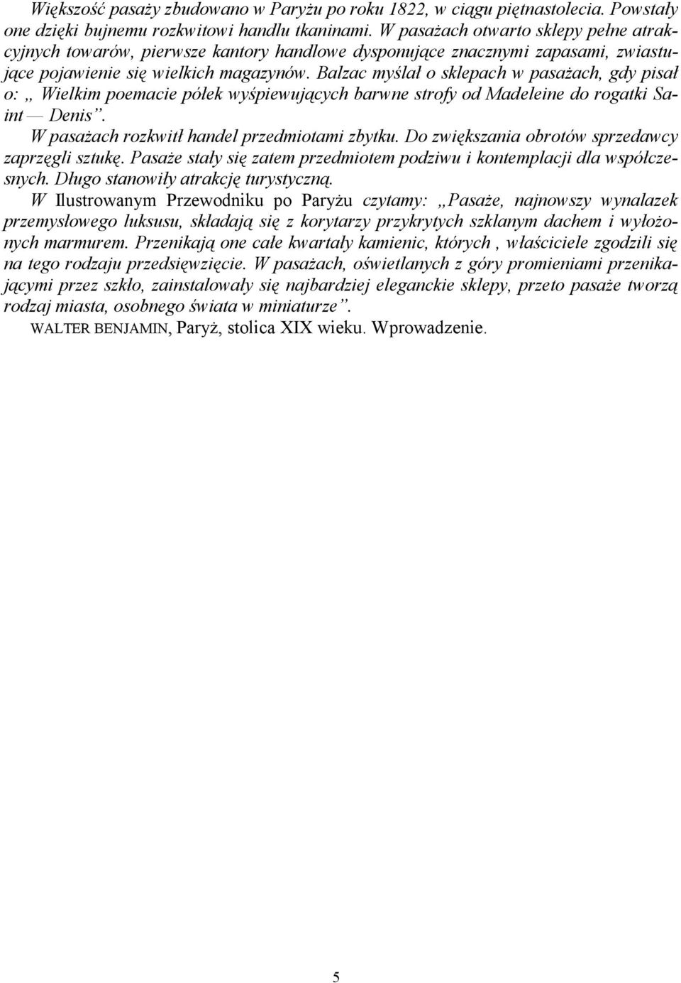 Balzac myślał o sklepach w pasażach, gdy pisał o: Wielkim poemacie półek wyśpiewujących barwne strofy od Madeleine do rogatki Saint Denis. W pasażach rozkwitł handel przedmiotami zbytku.