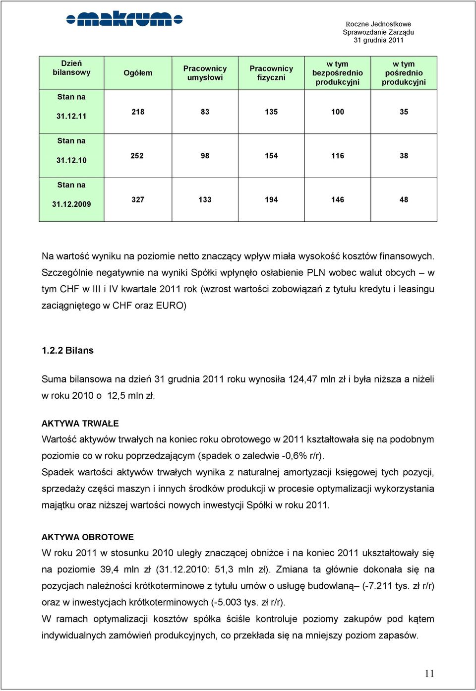 Szczególnie negatywnie na wyniki Spółki wpłynęło osłabienie PLN wobec walut obcych w tym CHF w III i IV kwartale 2011 rok (wzrost wartości zobowiązań z tytułu kredytu i leasingu zaciągniętego w CHF