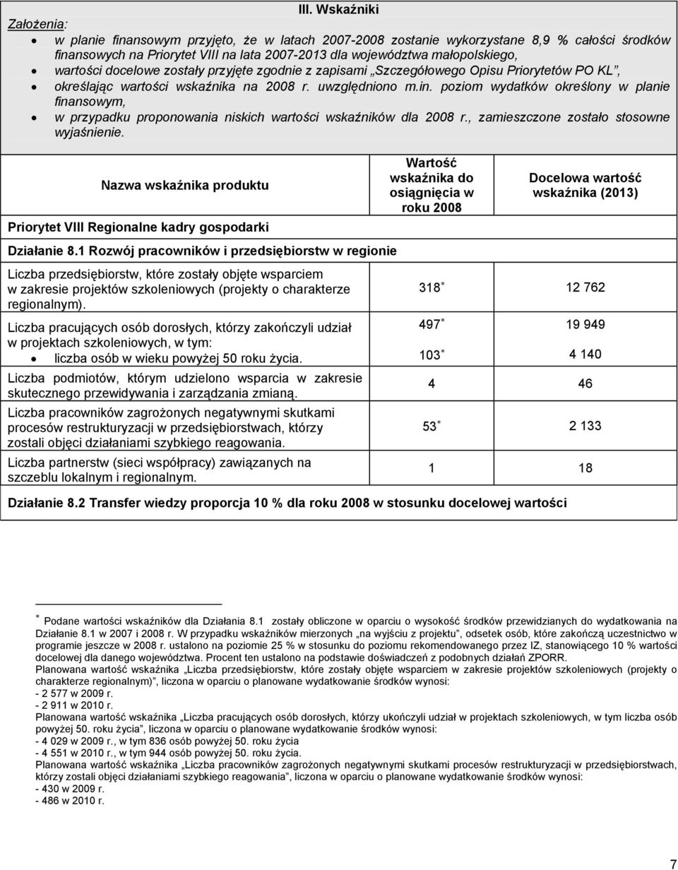 poziom wydatków określony w planie finansowym, w przypadku proponowania niskich wartości wskaźników dla 2008 r., zamieszczone zostało stosowne wyjaśnienie.