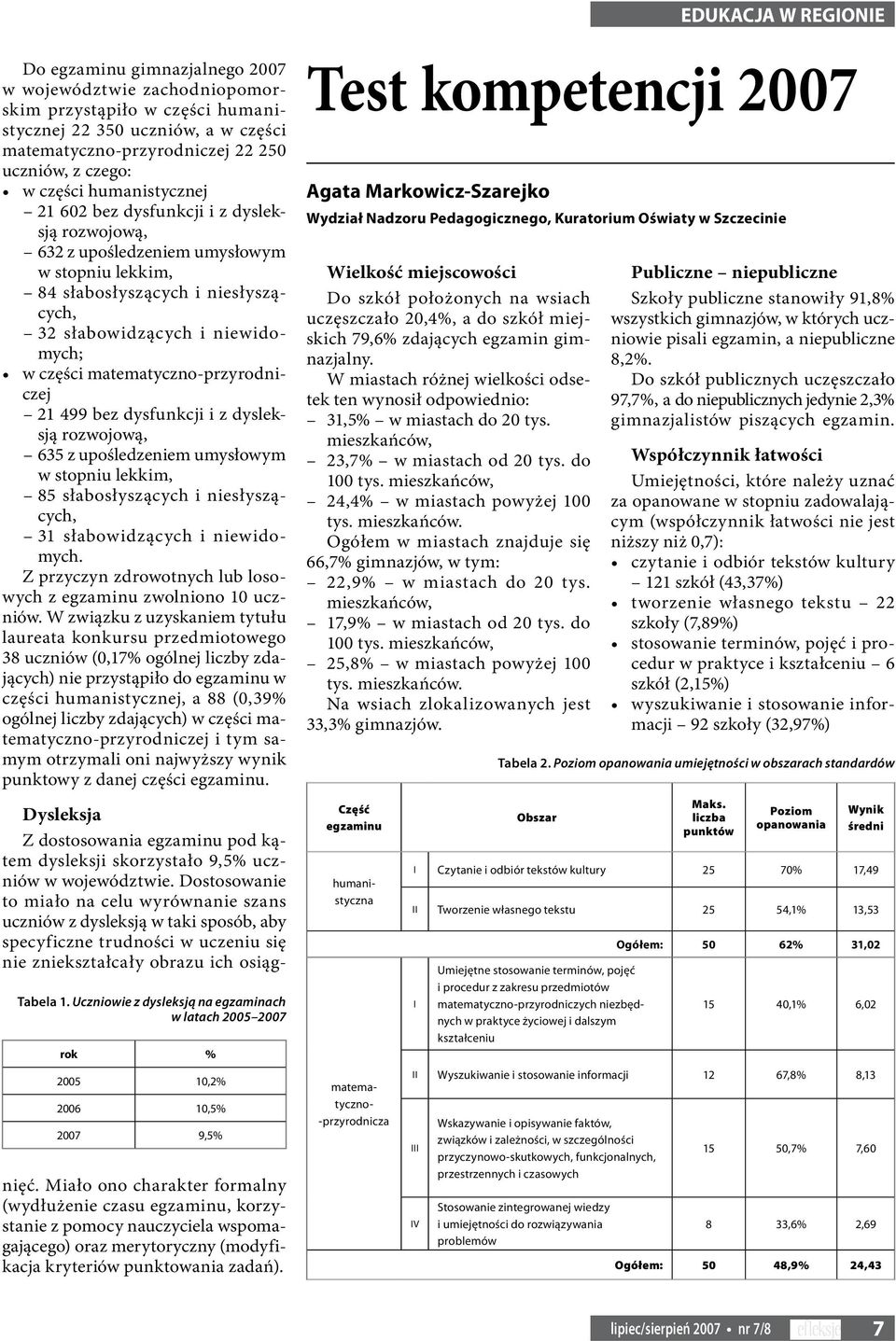 matematyczno-przyrodniczej 21 499 bez dysfunkcji i z dysleksją rozwojową, 635 z upośledzeniem umysłowym w stopniu lekkim, 85 słabosłyszących i niesłyszących, 31 słabowidzących i niewidomych.