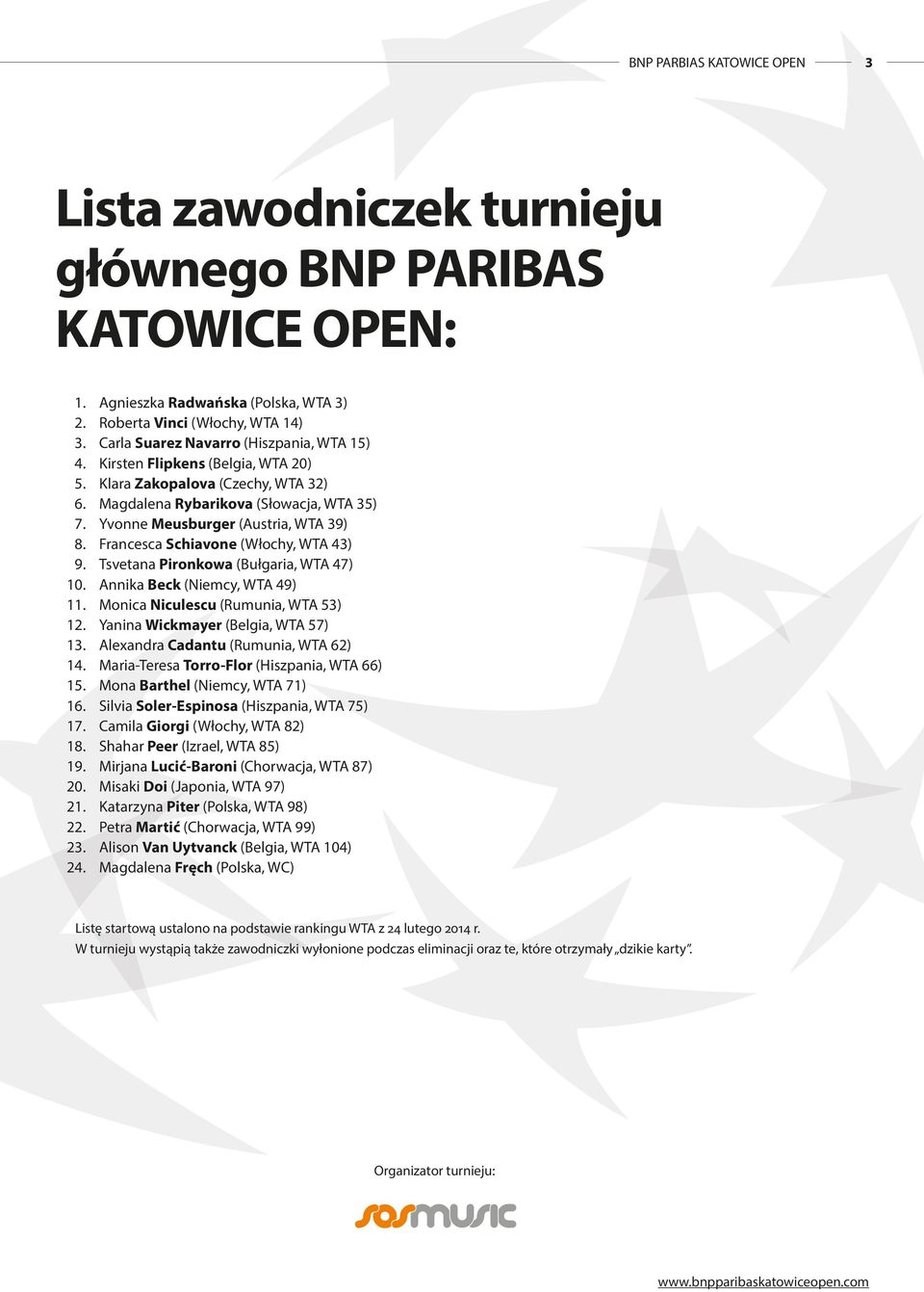 9 Tsvetana Pironkowa (Bułgaria, WTA 47) 10 Annika Beck (Niemcy, WTA 49) 11 Monica Niculescu (Rumunia, WTA 53) 12 Yanina Wickmayer (Belgia, WTA 57) 13 Alexandra Cadantu (Rumunia, WTA 62) 14