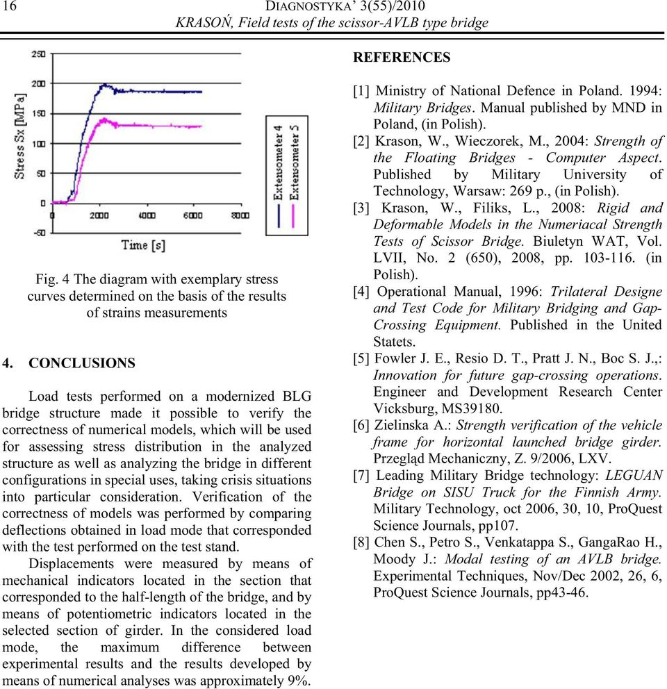 CONCLUSIONS Load tests performed on a modernized BLG bridge structure made it possible to verify the correctness of numerical models, which will be used for assessing stress distribution in the