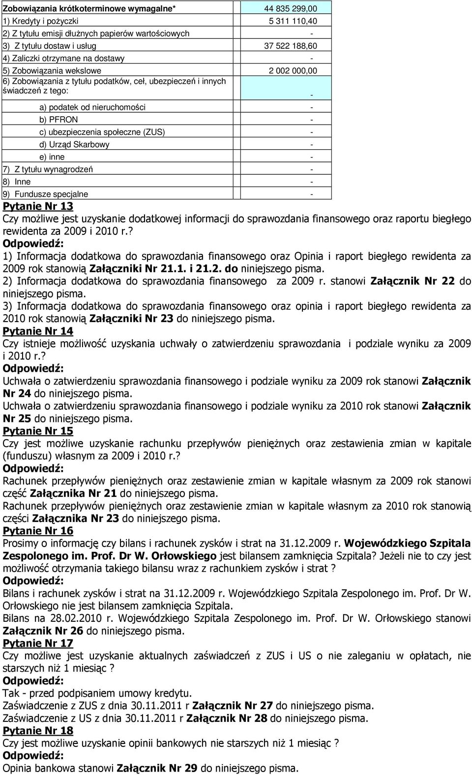 społeczne (ZUS) - d) Urząd Skarbowy - e) inne - 7) Z tytułu wynagrodzeń - 8) Inne - 9) Fundusze specjalne - Pytanie Nr 13 Czy możliwe jest uzyskanie dodatkowej informacji do sprawozdania finansowego