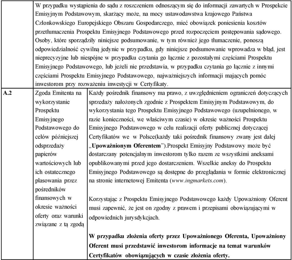 Osoby, które sporządziły niniejsze podsumowanie, w tym również jego tłumaczenie, ponoszą odpowiedzialność cywilną jedynie w przypadku, gdy niniejsze podsumowanie wprowadza w błąd, jest nieprecyzyjne