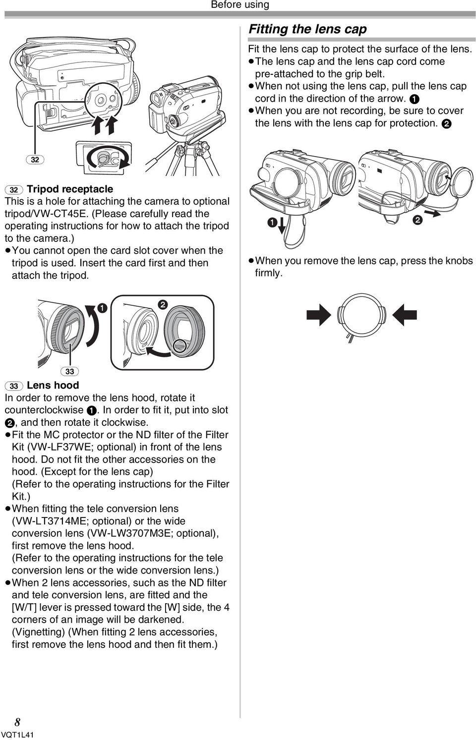 2 (32) (32) Tripod receptacle This is a hole for attaching the camera to optional tripod/vw-ct45e. (Please carefully read the operating instructions for how to attach the tripod to the camera.