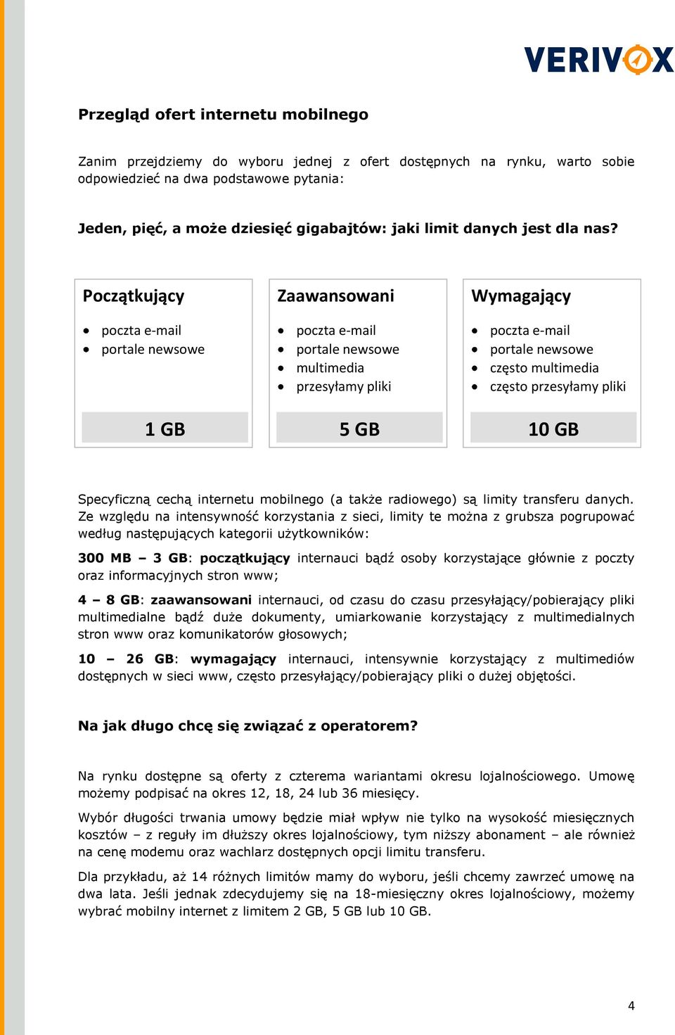 Początkujący poczta e-mail portale newsowe 1 GB Zaawansowani poczta e-mail portale newsowe multimedia przesyłamy pliki 5 GB Wymagający poczta e-mail portale newsowe często multimedia często