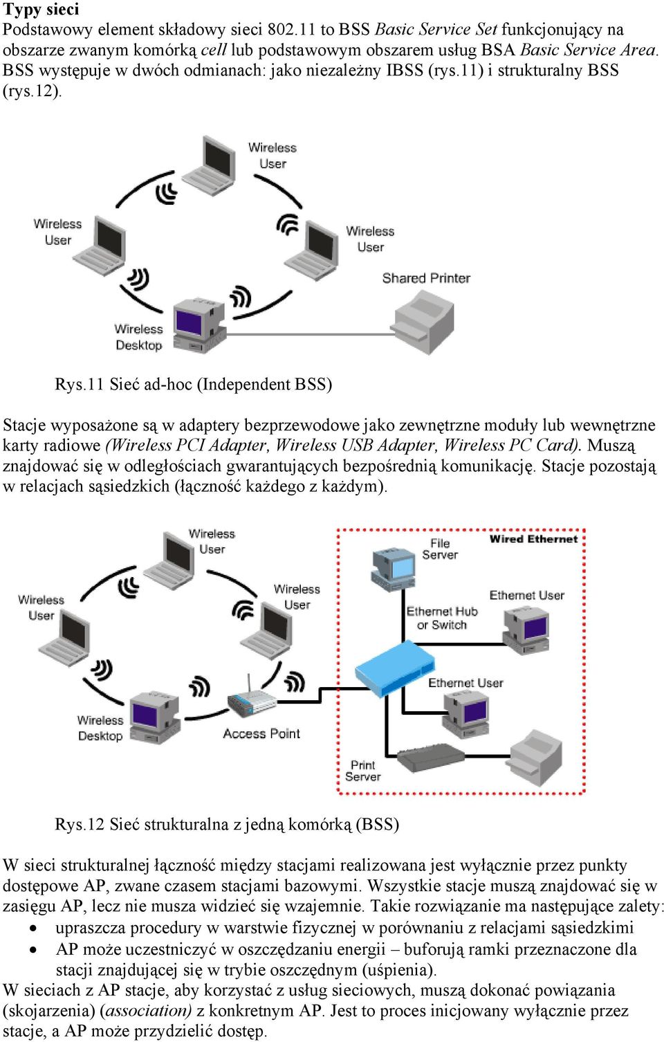 11 Sieć ad-hoc (Independent BSS) Stacje wyposażone są w adaptery bezprzewodowe jako zewnętrzne moduły lub wewnętrzne karty radiowe (Wireless PCI Adapter, Wireless USB Adapter, Wireless PC Card).