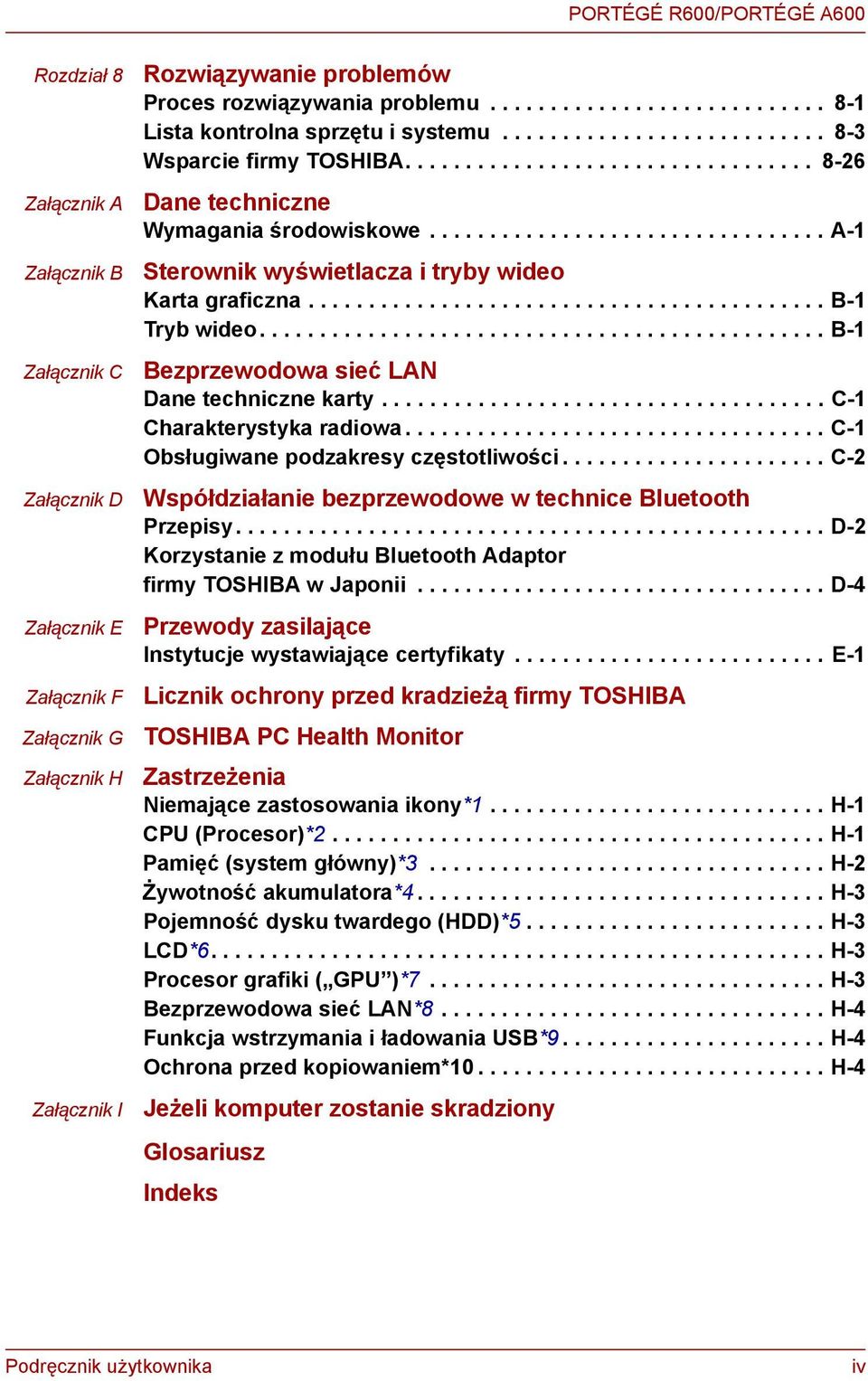 ................................ A-1 Sterownik wyświetlacza i tryby wideo Karta graficzna........................................... B-1 Tryb wideo............................................... B-1 Bezprzewodowa sieć LAN Dane techniczne karty.