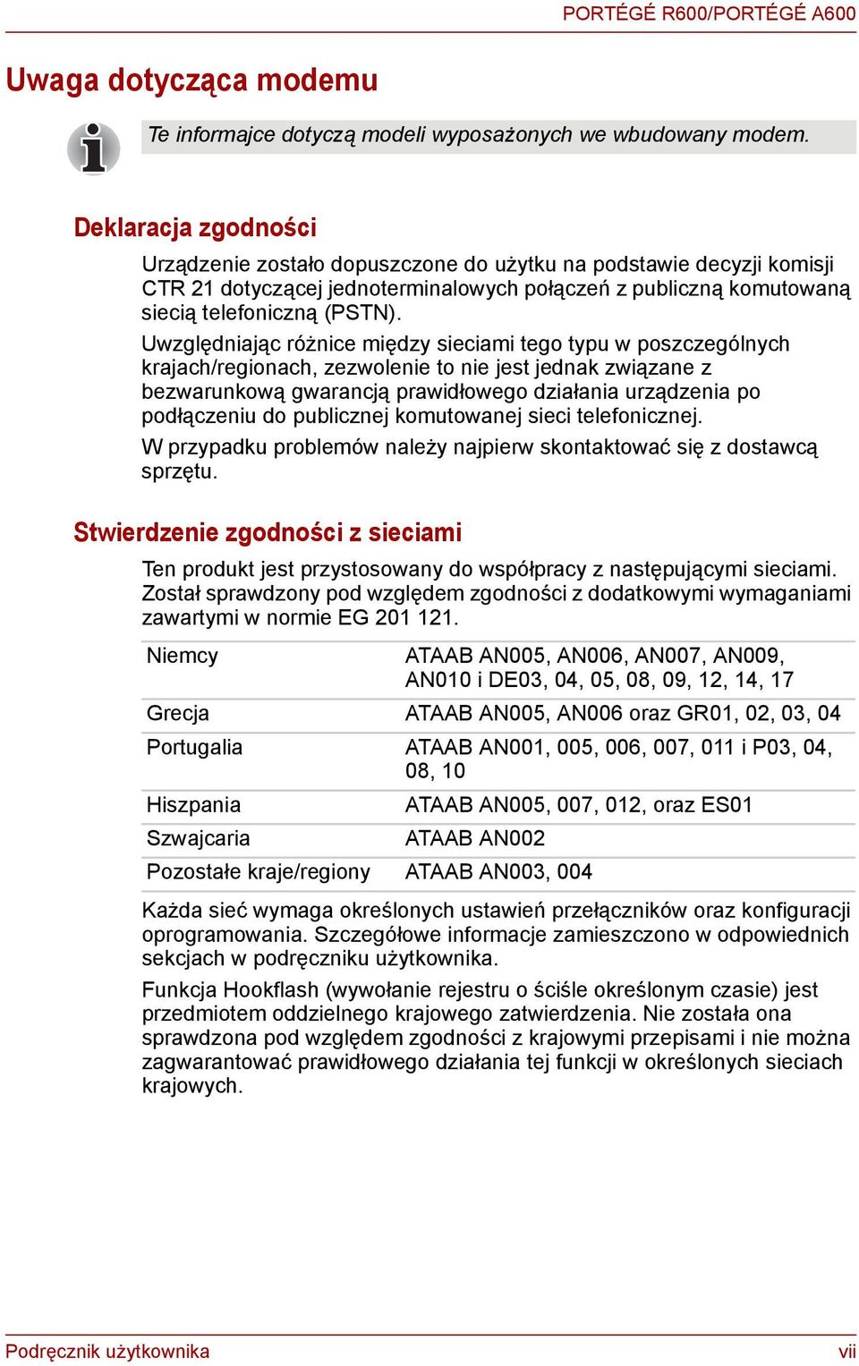 Uwzględniając różnice między sieciami tego typu w poszczególnych krajach/regionach, zezwolenie to nie jest jednak związane z bezwarunkową gwarancją prawidłowego działania urządzenia po podłączeniu do