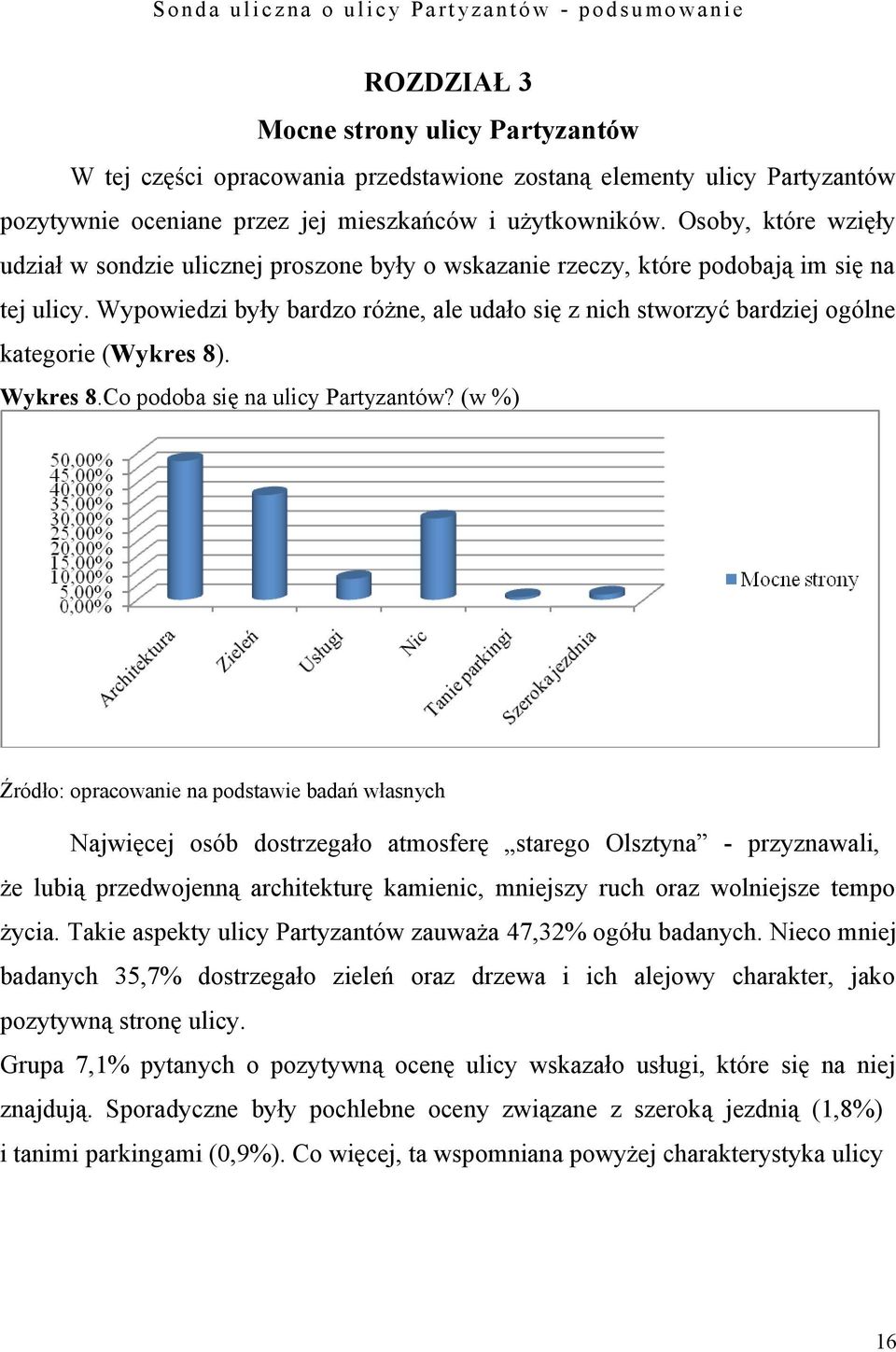 Wypowiedzi były bardzo różne, ale udało się z nich stworzyć bardziej ogólne kategorie (Wykres 8). Wykres 8.Co podoba się na ulicy Partyzantów?