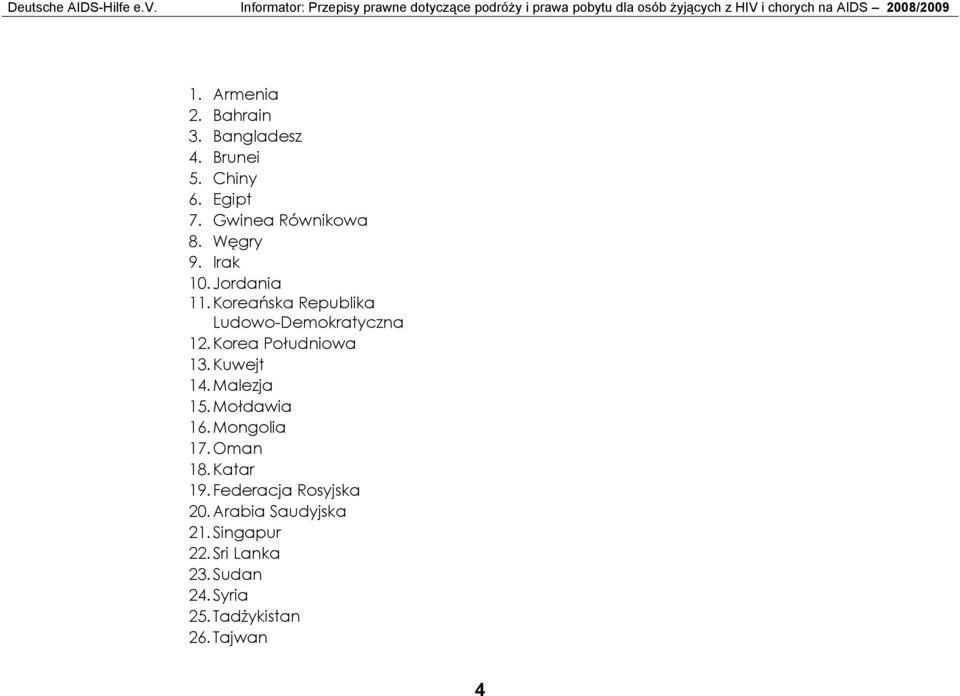 Koreańska Republika Ludowo-Demokratyczna 1. Korea Południowa 13. Kuwejt 14. Malezja 15. Mołdawia 16. Mongolia 17.