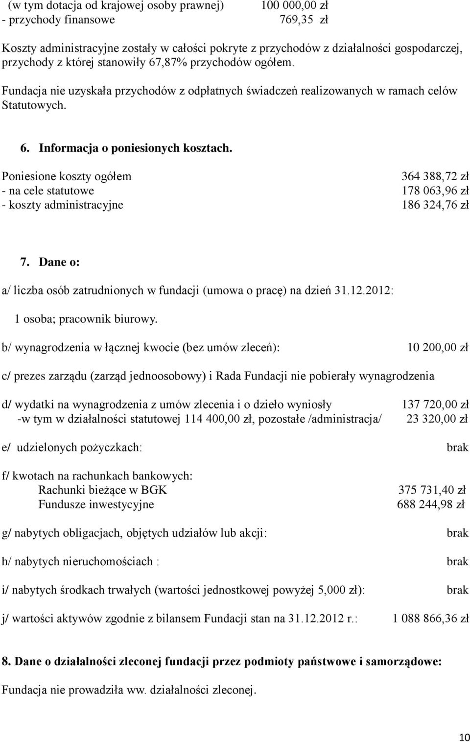 Poniesione koszty ogółem 364 388,72 zł - na cele statutowe 178 063,96 zł - koszty administracyjne 186 324,76 zł 7. Dane o: a/ liczba osób zatrudnionych w fundacji (umowa o pracę) na dzień 31.12.