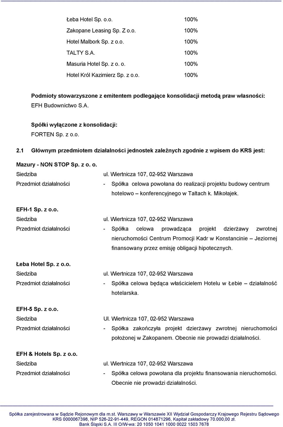 Mikołajek. EFH-1 Sp. z o.o. Przedmiot działalności - Spółka celowa prowadząca projekt dzierżawy zwrotnej nieruchomości Centrum Promocji Kadr w Konstancinie Jeziornej finansowany przez emisję obligacji hipotecznych.