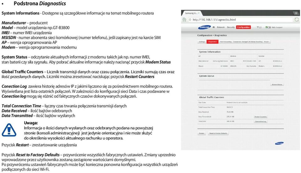 Status odczytanie aktualnych informacji z modemu takich jak np. numer IMEI, stan baterii czy siła sygnału.