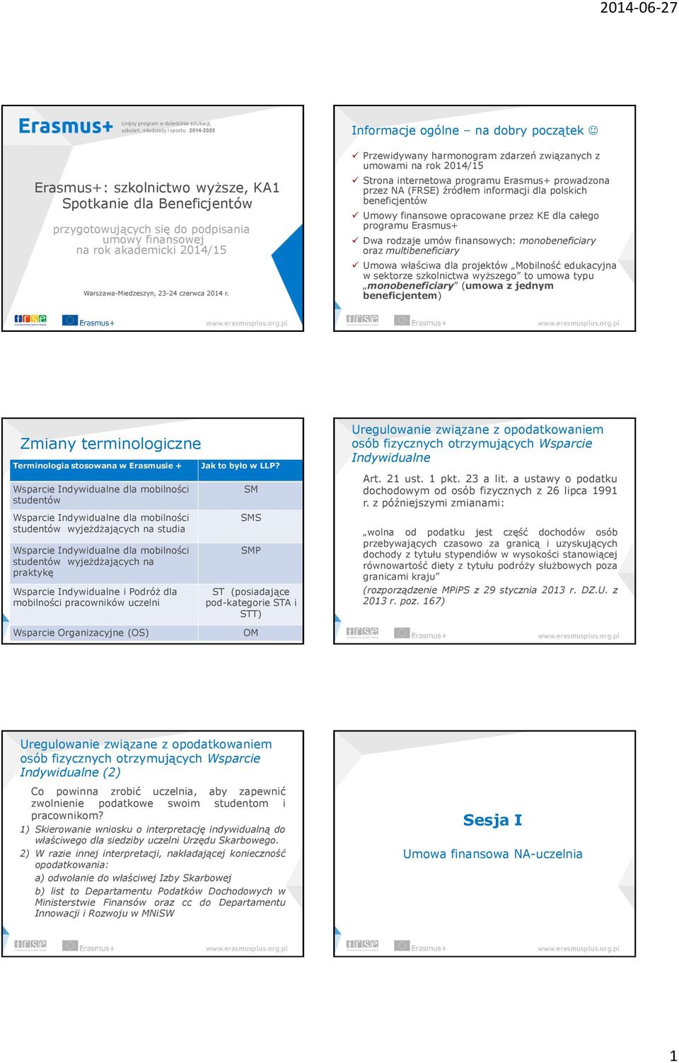 Przewidywany harmonogram zdarzeń związanych z umowami na rok 2014/15 Strona internetowa programu Erasmus+ prowadzona przez NA (FRSE) źródłem informacji dla polskich beneficjentów Umowy finansowe