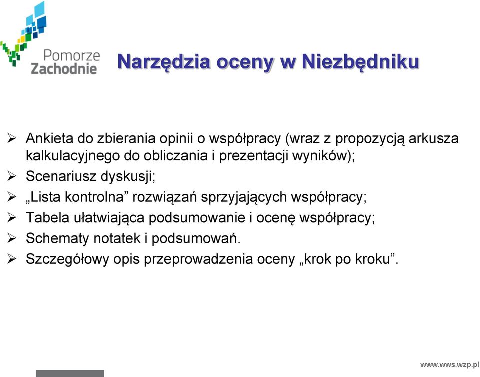 kontrolna rozwiązań sprzyjających współpracy; Tabela ułatwiająca podsumowanie i ocenę