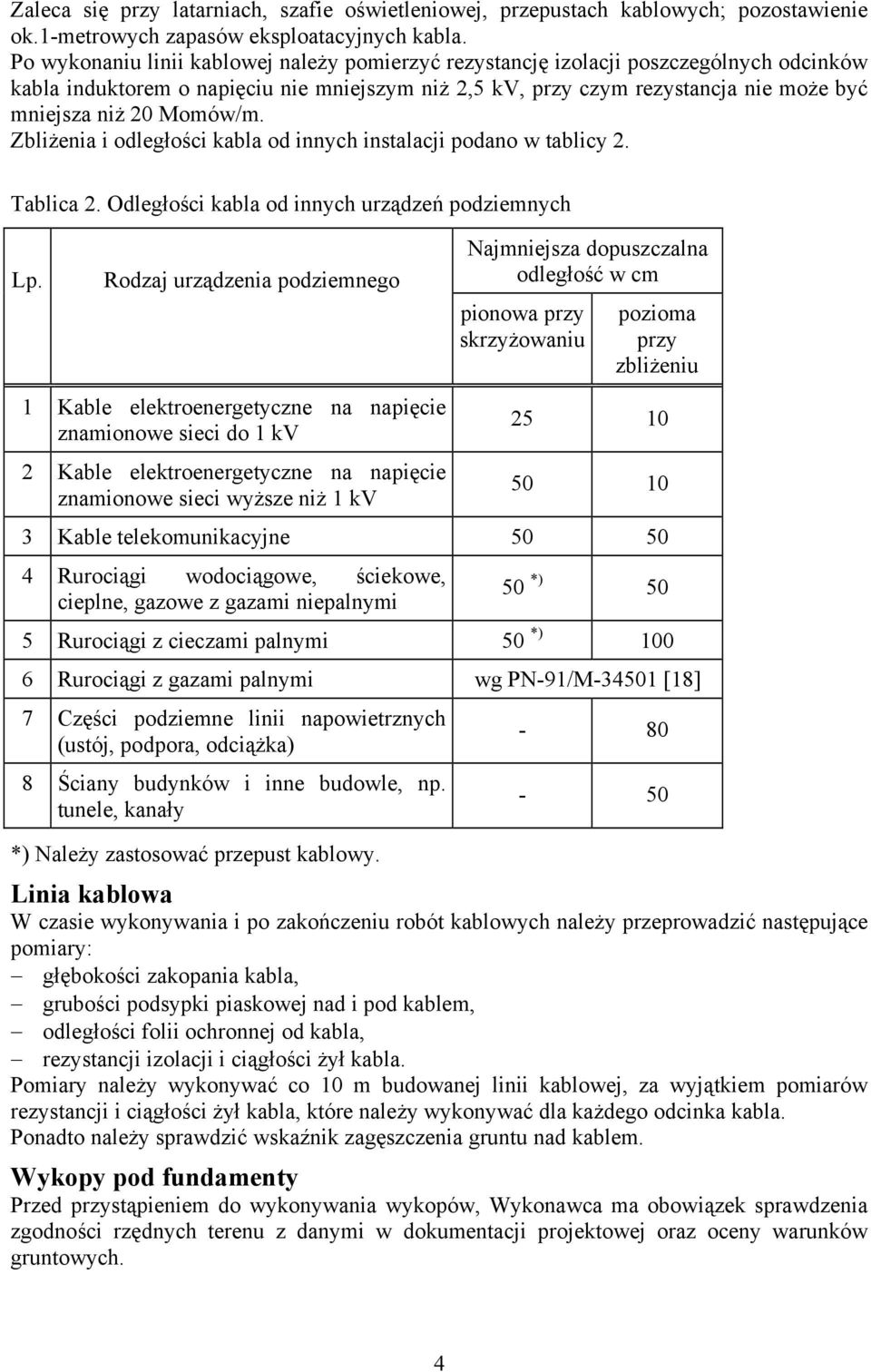 Momów/m. Zbliżenia i odległości kabla od innych instalacji podano w tablicy 2. Tablica 2. Odległości kabla od innych urządzeń podziemnych Lp.