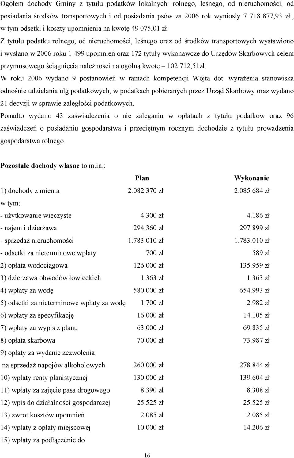 Z tytułu podatku rolnego, od nieruchomości, leśnego oraz od środków transportowych wystawiono i wysłano w 2006 roku 1 499 upomnień oraz 172 tytuły wykonawcze do Urzędów Skarbowych celem przymusowego