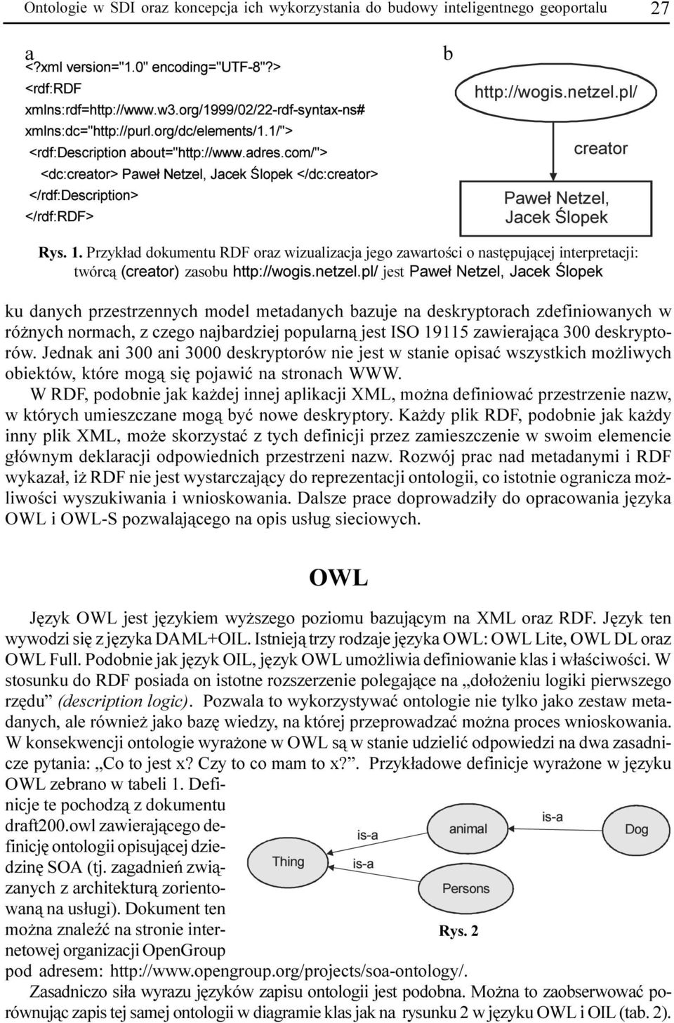 Przyk³ad dokumentu RDF oraz wizualizacja jego zawartoœci o nastêpuj¹cej interpretacji: twórc¹ (creator) zasobu http://wogis.netzel.