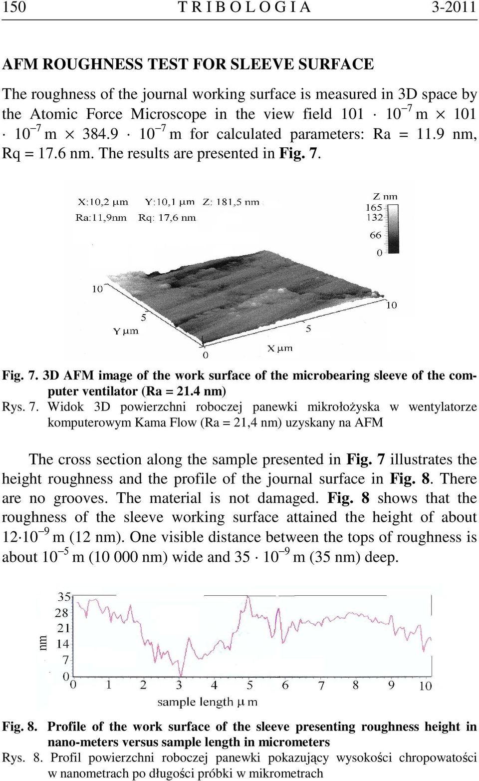 4 nm) Rys. 7. Widok 3D powierzchni roboczej panewki mikrołożyska w wentylatorze komputerowym Kama Flow (Ra = 21,4 nm) uzyskany na AFM The cross section along the sample presented in Fig.