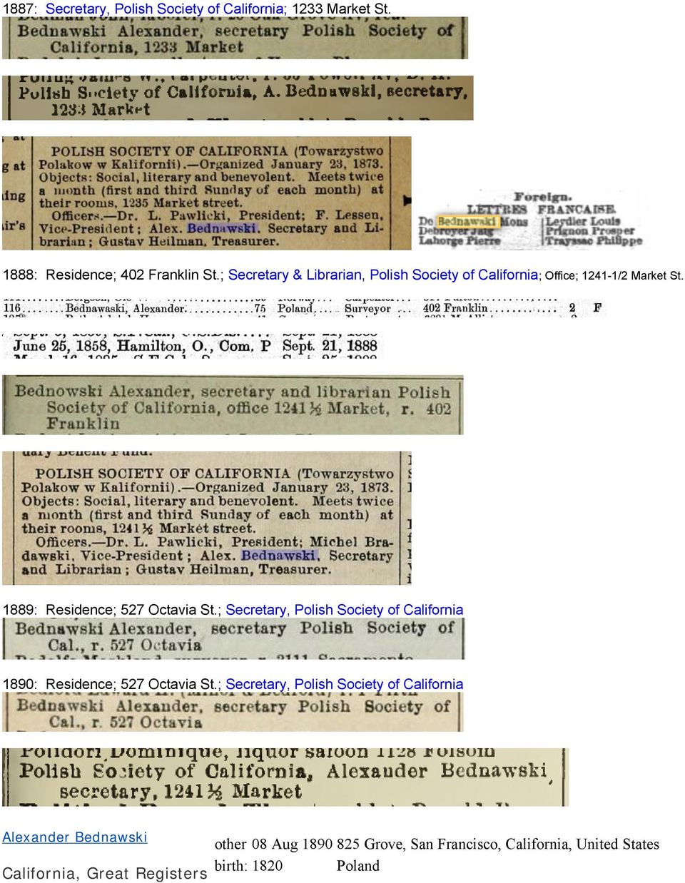 ; Secretary, Polish Society of California 1890: Residence; 527 Octavia St.