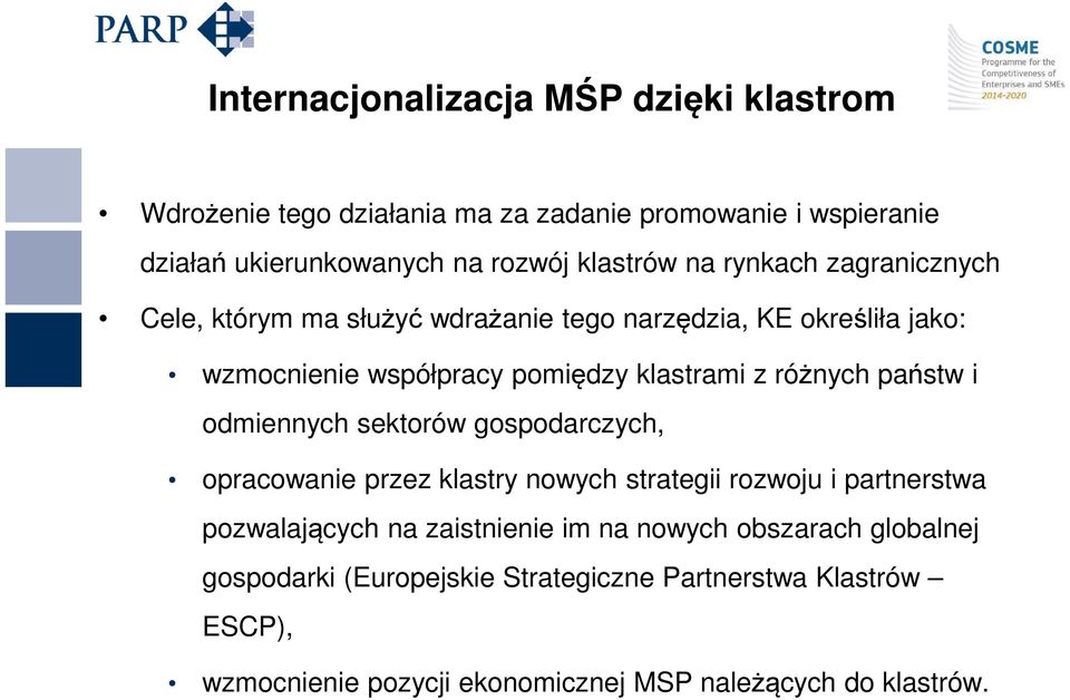 państw i odmiennych sektorów gospodarczych, opracowanie przez klastry nowych strategii rozwoju i partnerstwa pozwalających na zaistnienie im na