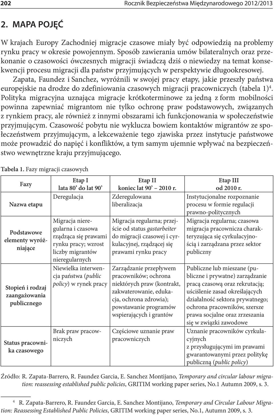 długookresowej. Zapata, Faundez i Sanchez, wyróżnili w swojej pracy etapy, jakie przeszły państwa europejskie na drodze do zdefiniowania czasowych migracji pracowniczych (tabela 1) 4.
