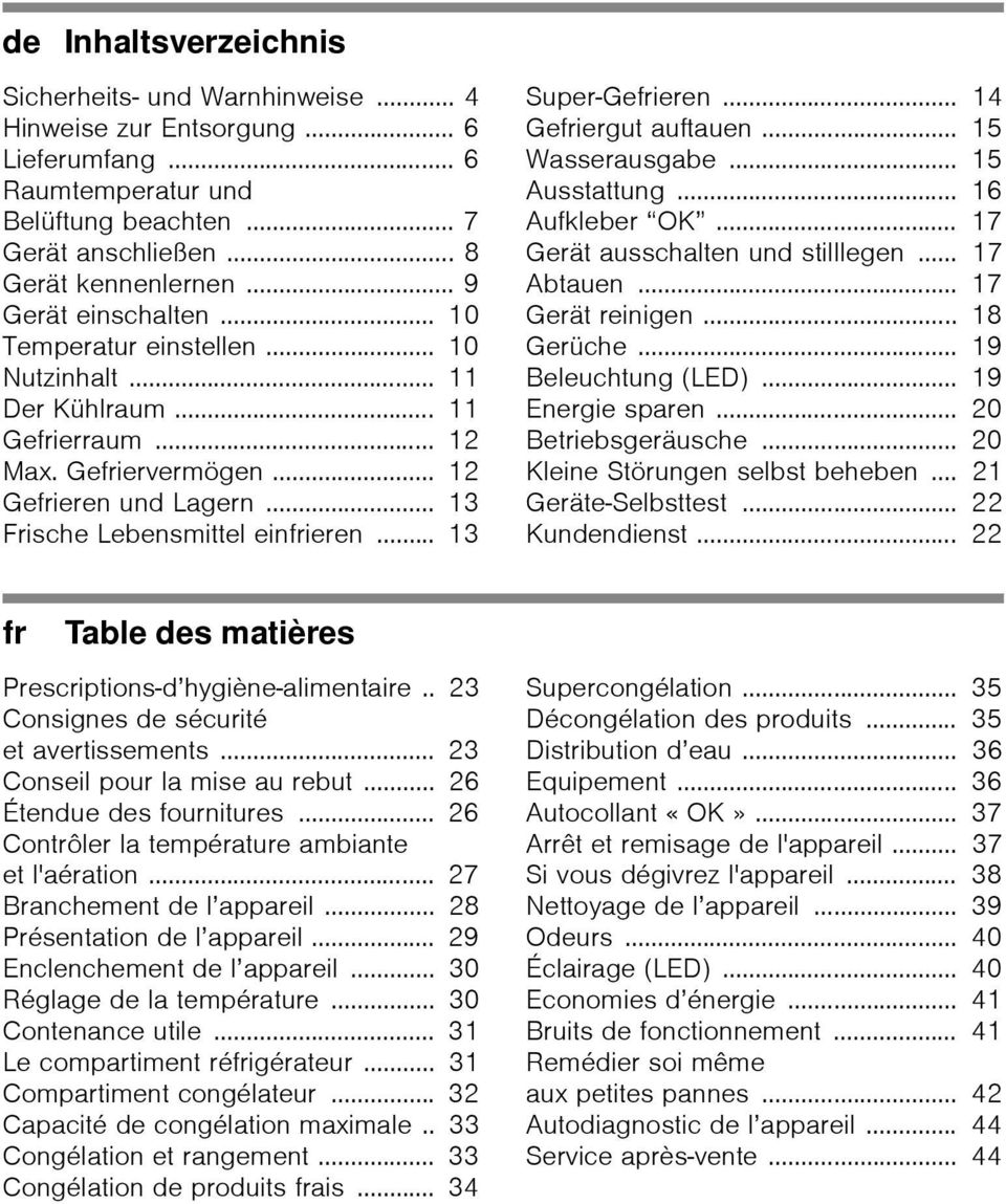 .. 13 Super-Gefrieren... 14 Gefriergut auftauen... 15 Wasserausgabe... 15 Ausstattung... 16 Aufkleber OK... 17 Gerät ausschalten und stilllegen... 17 Abtauen... 17 Gerät reinigen... 18 Gerüche.