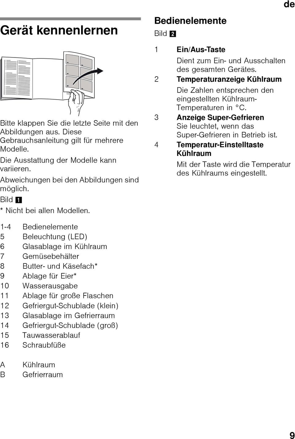 2 Temperaturanzeige Kühlraum Die Zahlen entsprechen den eingestellten Kühlraum- Temperaturen in C. 3 Anzeige Super-Gefrieren Sie leuchtet, wenn das Super-Gefrieren in Betrieb ist.