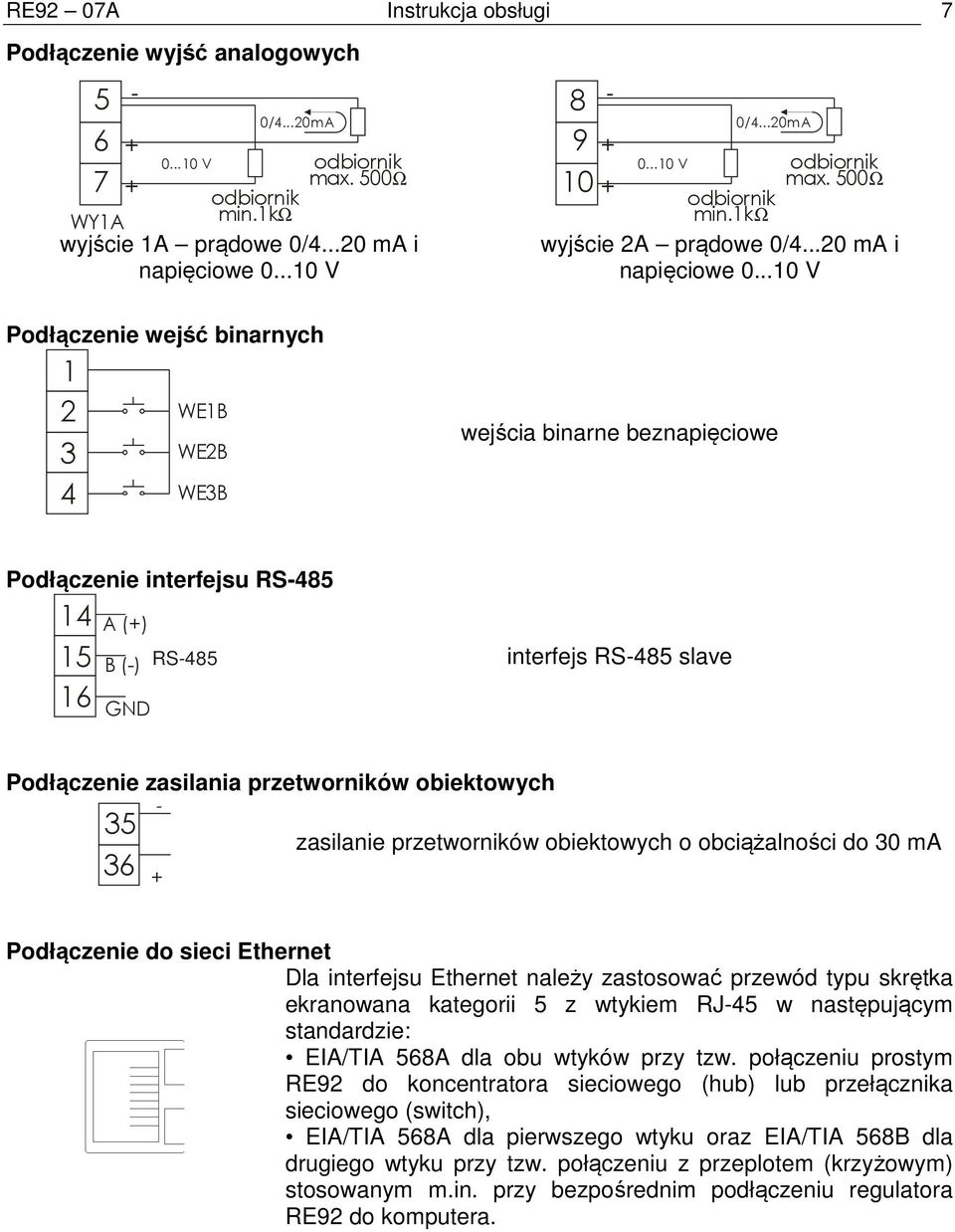 ..10 V wejścia binarne beznapięciowe Podłączenie interfejsu RS-485 14 15 16 A (+) B (-) GND RS-485 interfejs RS-485 slave Podłączenie zasilania przetworników obiektowych 35 36 - + zasilanie