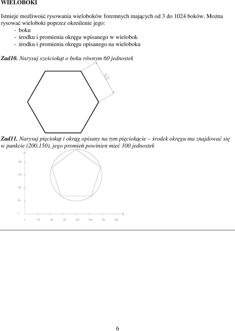 rodku i promienia okrgu opisanego na wieloboku Zad10. Narysuj szeciokt o boku równym 60 jednostek Zad11.