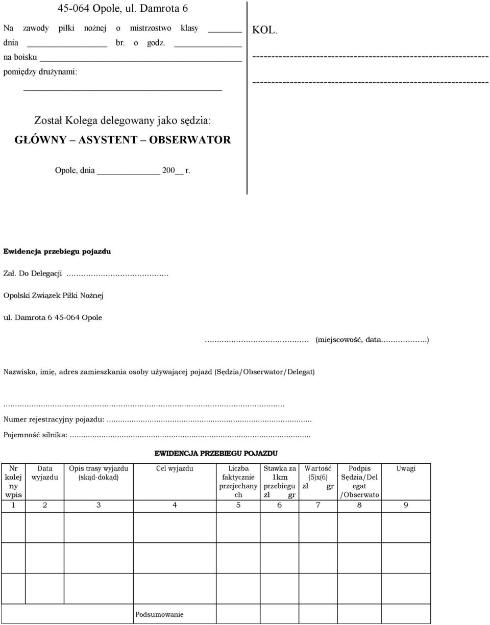 dnia 200 r. Ewidencja przebiegu pojazdu Zał. Do Delegacji Opolski Związek Piłki Nożnej ul. Damrota 6 45-064 Opole. (miejscowość, data.