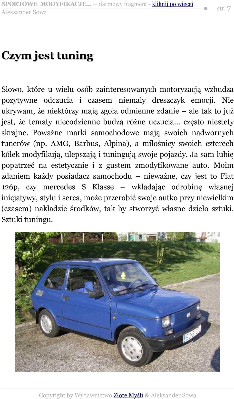 Poważne marki samochodowe mają swoich nadwornych tunerów (np. AMG, Barbus, Alpina), a miłośnicy swoich czterech kółek modyfikują, ulepszają i tuningują swoje pojazdy.