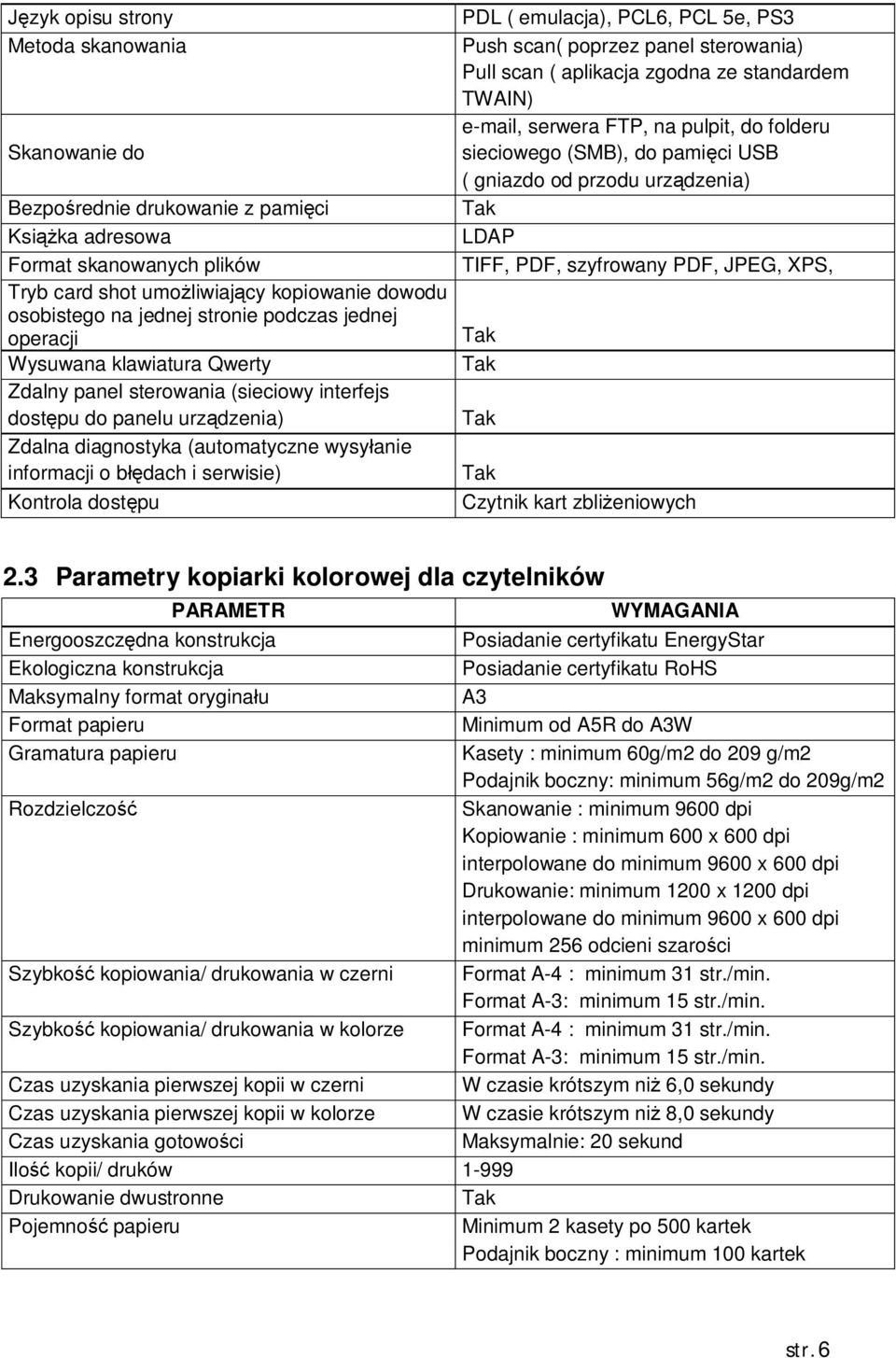 serwisie) Kontrola dost pu PDL ( emulacja), PCL6, PCL 5e, PS3 Push scan( poprzez panel sterowania) Pull scan ( aplikacja zgodna ze standardem TWAIN) e-mail, serwera FTP, na pulpit, do folderu