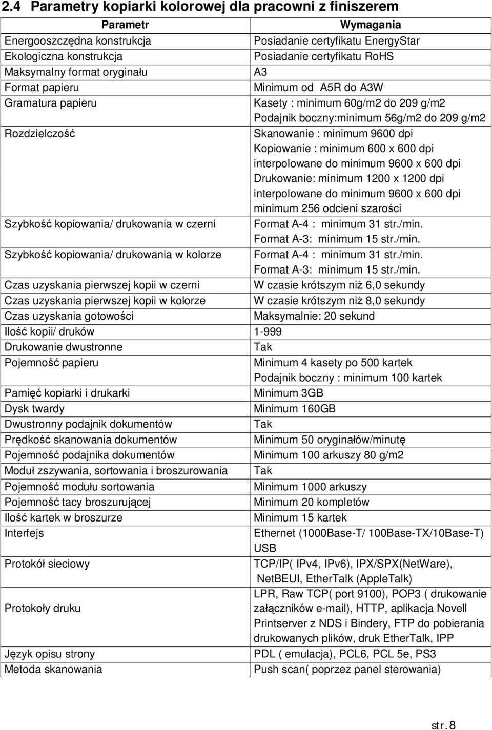 certyfikatu EnergyStar Posiadanie certyfikatu RoHS A3 Minimum od A5R do A3W Kasety : minimum 60g/m2 do 209 g/m2 Podajnik boczny:minimum 56g/m2 do 209 g/m2 Skanowanie : minimum 9600 dpi Kopiowanie :